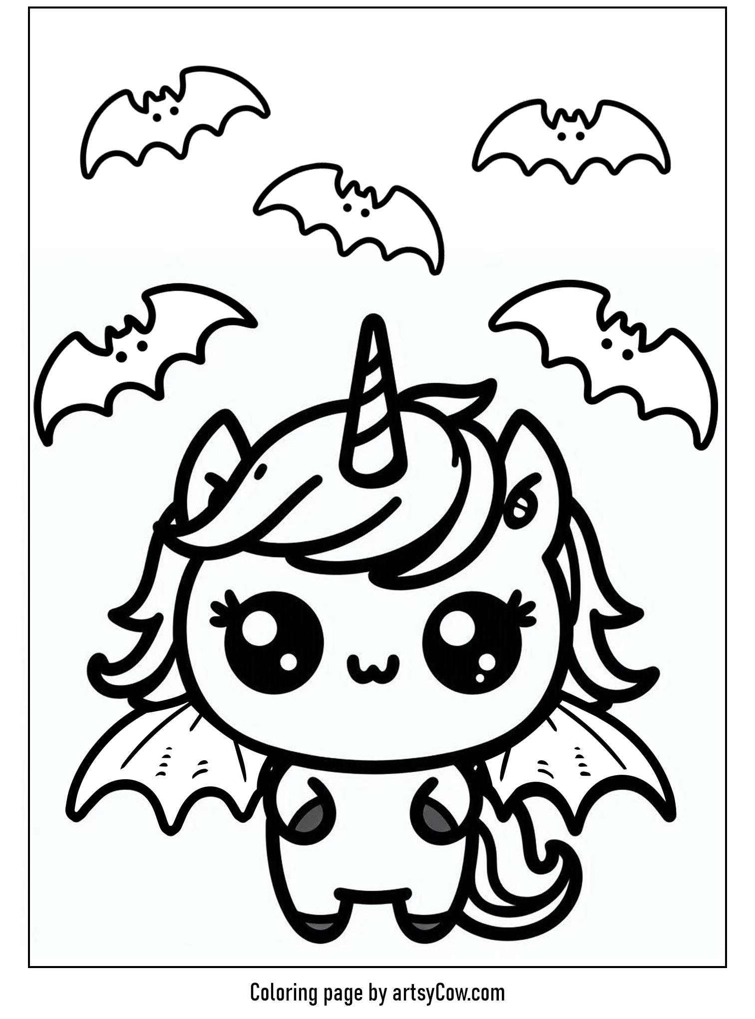 halloween coloring pages with unicorn 2 featuring a cute unicorn dressed in a bat costume surrounded by playful bats.
